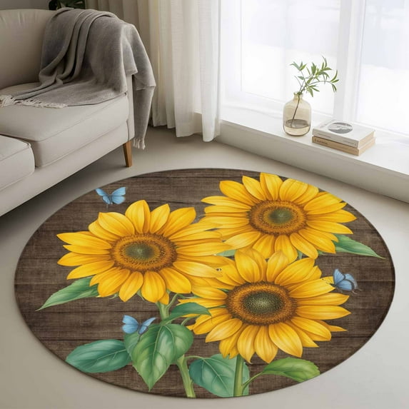 Sunflower Round Area Rug 3Ft Washable Small Circle Rugs for Kitchen Entryway, Yellow Summer Botanical Butterfly Wooden Vintage Non-Slip Carpet Floor Mats Indoor Outdoor Carpet Runner Home Decor