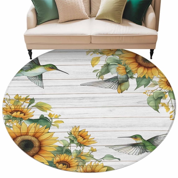 Sunflower Round Area Rug 5ft Washable Large Round Rug for Living Room, Soft Non-Slip Circle Rugs for Dining Room, Hummingbird Yellow Summer Botanical Wooden Floor Carpet for Bedroom Entryway Office