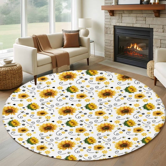 Sunflower Round Area Rug 6Ft Washable Circle Rugs for Bathroom Office, Summer Botanical Farmhouse Floral Elegant Non-Slip Carpet Floor Mats Indoor Outdoor Carpet Runner Aesthetic Home Decor