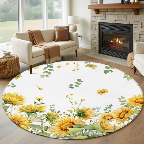 Sunflower Round Area Rug 6Ft Washable Circle Rugs for Bathroom Office, Summer Eucalyptus Botanical Spring Floral Non-Slip Carpet Floor Mats Indoor Outdoor Carpet Runner Aesthetic Home Decor