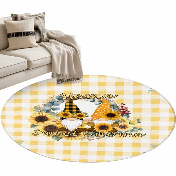 Sunflower Round Area Rugs Collection 3', Gnomes Yellow Checkered Eucalyptus Leaves Non Slip Indoor Circular Throw Runner Rug Floor Mat Carpet for Living Room Dining Table Bedroom Nursery