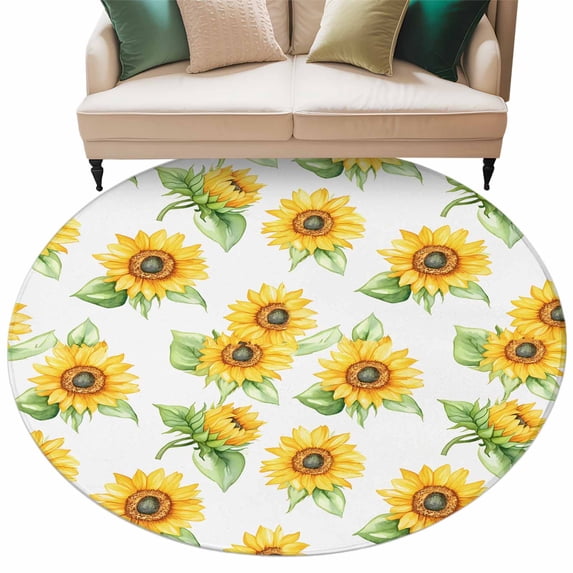 Sunflower Round Area Rug 6ft Summer Yellow Plant Floral Leaf Country Farmhouse Non-Slip Washable Circle Rugs Soft Felt Indoor Floor Mat for Bedroom Kitchen Living Room Bathroom