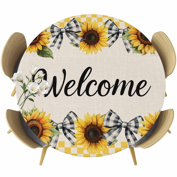 Sunflower Round Fitted Tablecloth with Elastic Edge, Welcome Bow Yellow Buffalo Plaid Rustic Linen Stretch Table Covers for 36"-44" Tables Wipeable Table Cloth for Outdoor