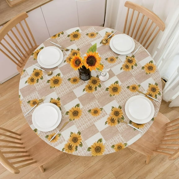 Sunflower Round Fitted Vinyl Tablecloth with Elastic Edge 100% Waterproof Oil Proof PVC Table Cloth Wipe Clean Table Cover for Indoor and Outdoor, 36"- 44"