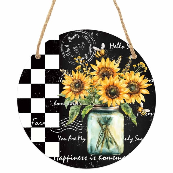 Sunflower Round Front Door Welcome Sign, 5.9 Inch Wall Hanging Decor for Indoor Outdoor, Black White Check Farmhouse Bee Vase Floral Home Porch Hanger Decorations for Holiday Gift