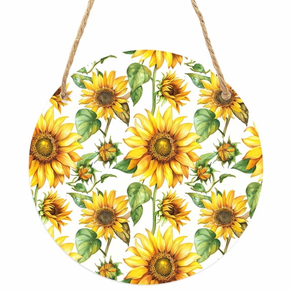 Sunflower Round Front Door Welcome Sign, 5.9 Inch Wall Hanging Decor for Indoor Outdoor, Yellow Green Botanical Summer Rustic Home Porch Hanger Decorations for Holiday Gift