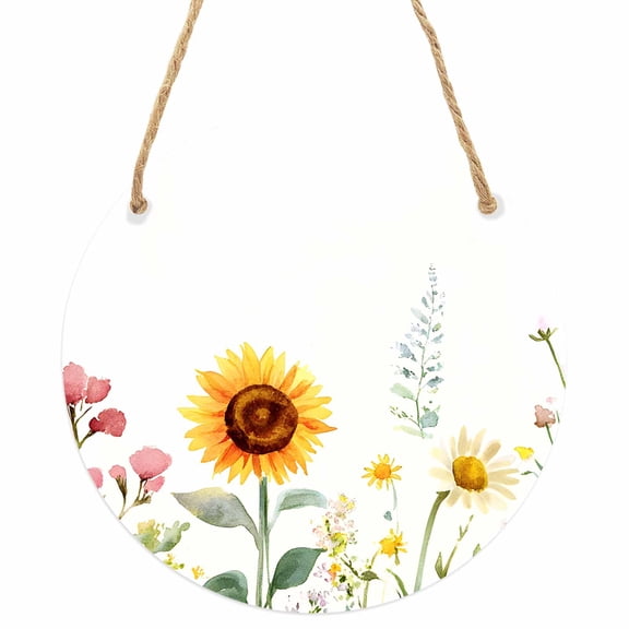 Sunflower Round Front Door Welcome Sign, 5.9 Inch Wall Hanging Decor for Indoor Outdoor, Yellow Summer Botanical Country Home Porch Hanger Decorations for Holiday Gift