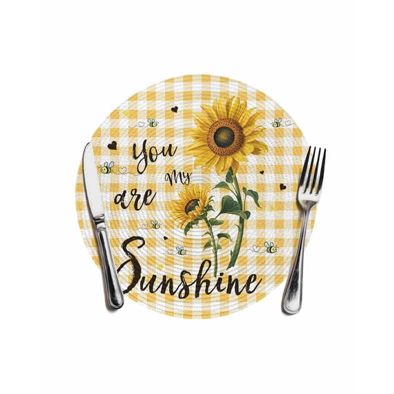 Sunflower Round Placemats for Dinning Tables,Heat-proof Braided Table Mats 13 Inch,Yellow Plaid Lattice You Are My Sunshine Washable Place Mat for Kitchen Restaurant Party Decor Table Setting