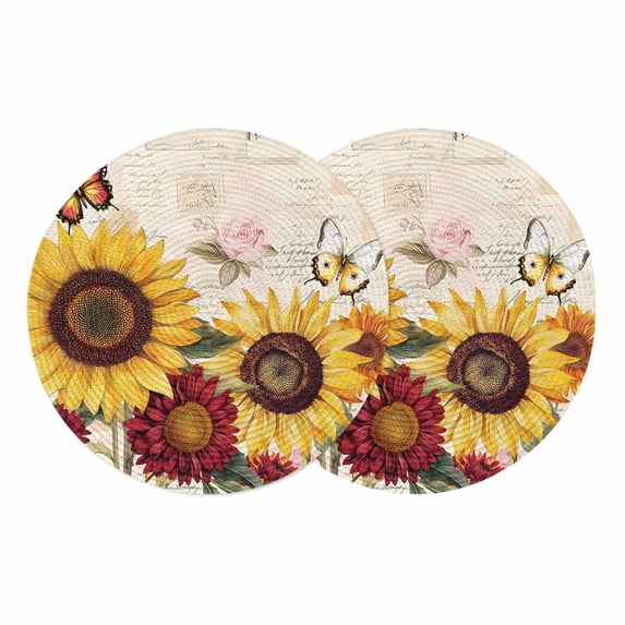 Sunflower Round Placemats Set of 2, Braided Polypropylene Place Mats, Farmhouse Rose Floral Vintage Butterfly Washable Table Mats for Kitchen Dinner Holiday Wedding Party Coffee Table Decoration 15"