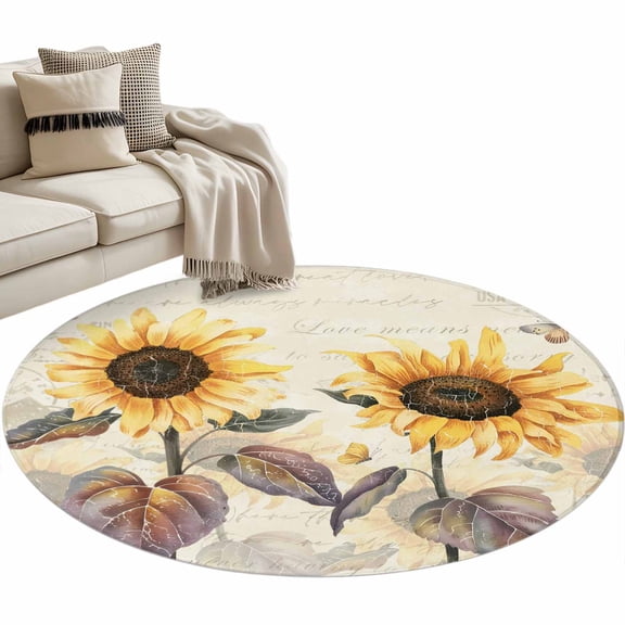 Sunflower Round Rug 3ft Area Rug Washable Soft Non-Slip 3' Circle Low Pile Rugs Yellow Summer Botanical Floral Farmhouse Carpet for Bedroom Living Room Entryway Home Office Dining Room