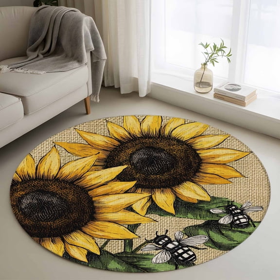 Sunflower Round Rug 4ft Washable Circle Entryway Rugs Non Slip Vintage Bee Summer Botanical Rustic Area Rug Indoor Floor Carpet for Bedroom Kitchen Living Room Home Office Dining Room Nursery