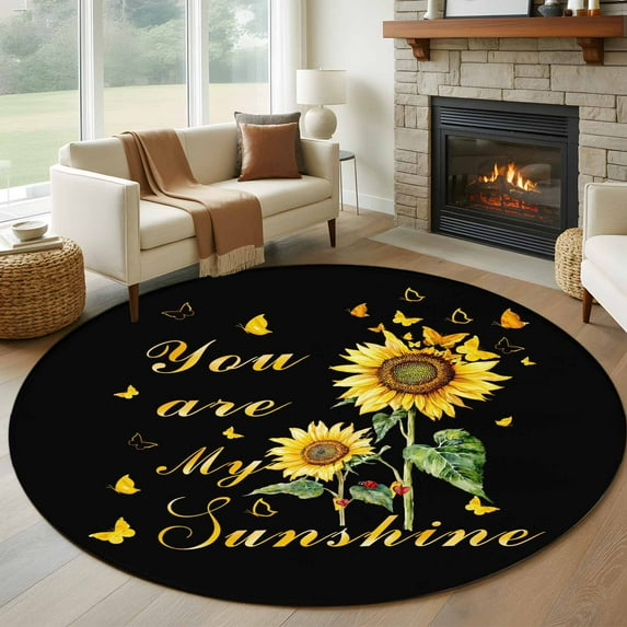 Sunflower Round Rug 7ft Washable Circle Rugs Non Slip Vintage Botanical Large Area Rug Indoor Floor Carpet for Bedroom Kitchen Living Room Home Office Dining Room Nursery