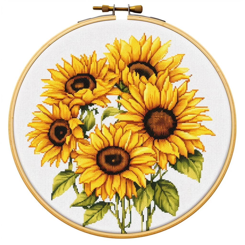 Sunflower Round Shape Stamped Cross Stitch Kits for Beginners Easy with ...