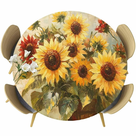 Sunflower Round Tablecloth 36-44 Inch Round Fitted Table Cloth with Elastic Edge, Abstract Oil Painting Floral Leaf Plant Waterproof Table Cover Protector for Outdoor Picnic Party Dining