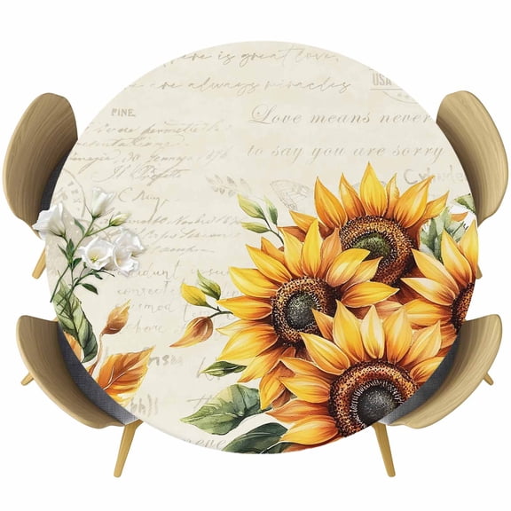 Sunflower Round Tablecloth 36-44 Inch Round Fitted Table Cloth with Elastic Edge, Aesthetic&nbsp;Floral Plant Rustic Plant Leaves Waterproof Table Cover Protector for Outdoor Picnic Party Dining
