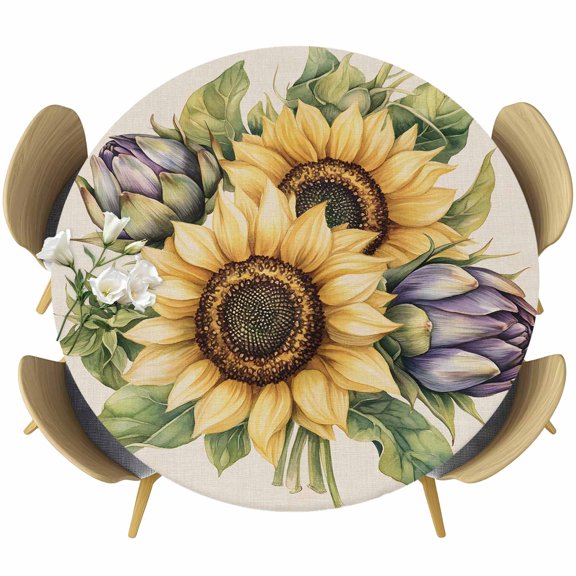 Sunflower Round Tablecloth 36-44 Inch Round Fitted Table Cloth with Elastic Edge, Rustic Spring Floral Summer Leaf Green Waterproof Table Cover Protector for Outdoor Picnic Party Dining