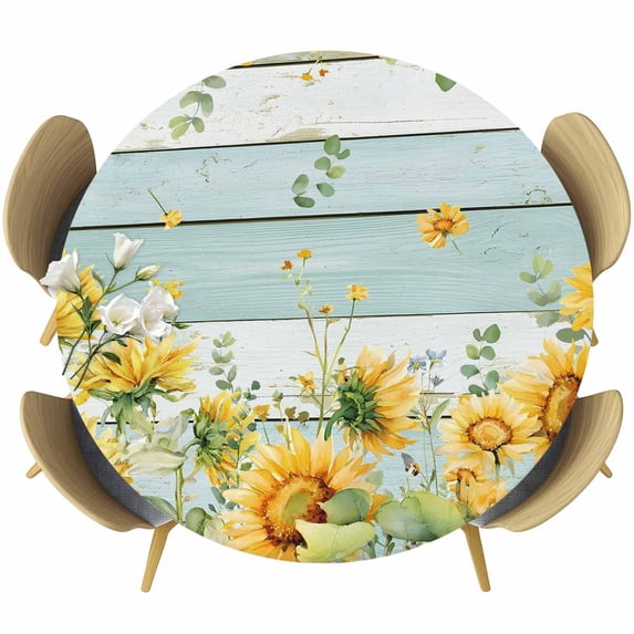 Sunflower Round Tablecloth 36-44 Inch Round Fitted Table Cloth with Elastic Edge, Summer Eucalyptus Botanical Floral Teal Wood Waterproof Table Cover Protector for Outdoor Picnic Party Dining