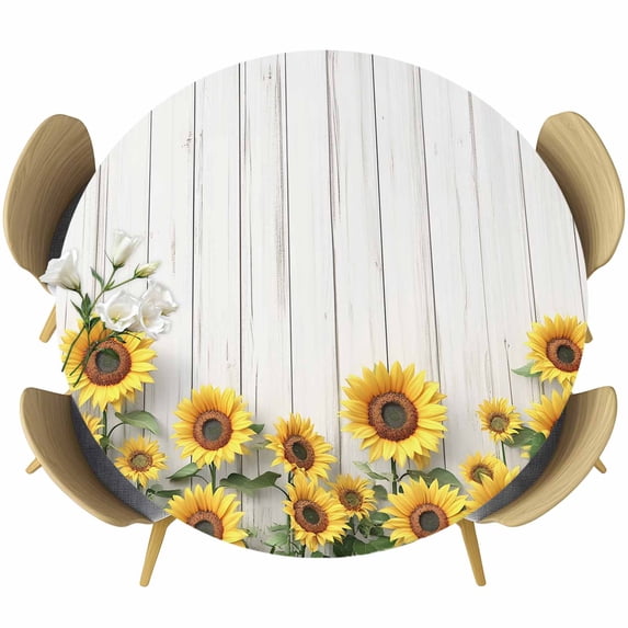 Sunflower Round Tablecloth 36-44 Inch Round Fitted Table Cloth with Elastic Edge, Summer Flower Watercolor Vintage Wooden Waterproof Table Cover Protector for Outdoor Picnic Party Dining