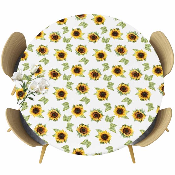 Sunflower Round Tablecloth 36-44 Inch Round Fitted Table Cloth with Elastic Edge, Yellow Green Botanical Farm Plant Leaves Waterproof Table Cover Protector for Outdoor Picnic Party Dining