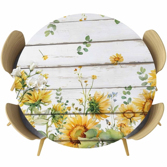 Sunflower Round Tablecloth 45-54 Inch Round Fitted Table Cloth with Elastic Edge, Summer Eucalyptus Botanical Floral Retro Waterproof Table Cover Protector for Outdoor Picnic Party Dining