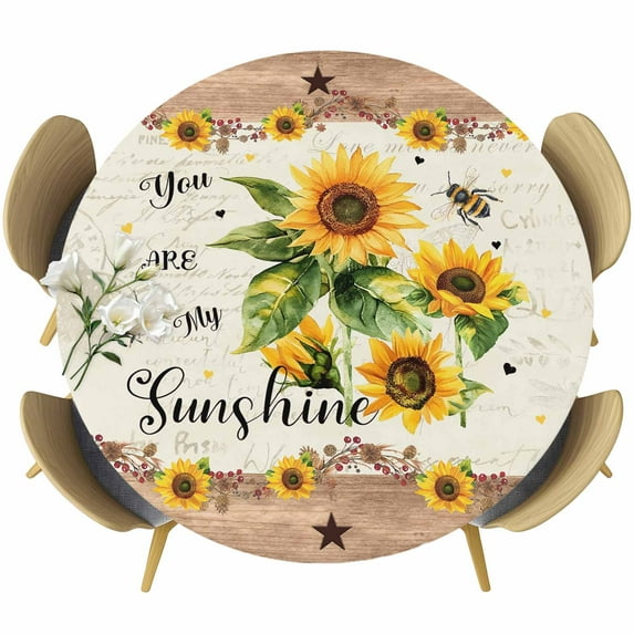 Sunflower Round Tablecloth 45-54 Inch Round Fitted Table Cloth with Elastic Edge, Vintage Summer Botanical Yellow Floral Pastoral Waterproof Table Cover Protector for Outdoor Picnic Party Dining