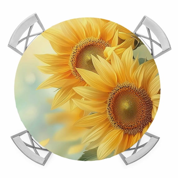 Sunflower Round Tablecloth for 45-54 Inch Tables, Fitted Table Cover with Elastic Edge, Yellow Spring Floral Botanical Waterproof Outdoor Table Cloth Protector for Patio Garden Dinner Picnic