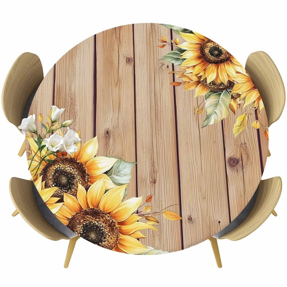Sunflower Round Tablecloth 55-60 Inch Round Fitted Table Cloth with Elastic Edge, Farmhouse Wooden Grain Brown Flower Leaf Waterproof Table Cover Protector for Outdoor Picnic Party Dining