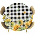 thumbnail image 1 of Sunflower Round Tablecloth 55-60 Inch Round Fitted Table Cloth with Elastic Edge, Summer Eucalyptus Botanical Floral Black Plaid Waterproof Table Cover Protector for Outdoor Picnic Party Dining, 1 of 9