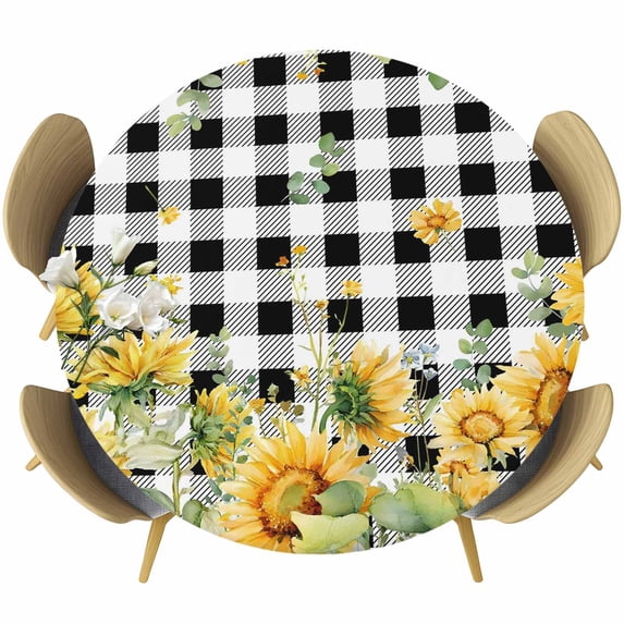 Sunflower Round Tablecloth 55-60 Inch Round Fitted Table Cloth with Elastic Edge, Summer Eucalyptus Botanical Floral Black Plaid Waterproof Table Cover Protector for Outdoor Picnic Party Dining