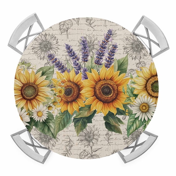 Sunflower Round Tablecloth for 55-60 Inch Tables, Fitted Table Cover with Elastic Edge, Summer Botanical Lavender Farmhouse Waterproof Outdoor Table Cloth Protector for Patio Garden Dinner Picnic