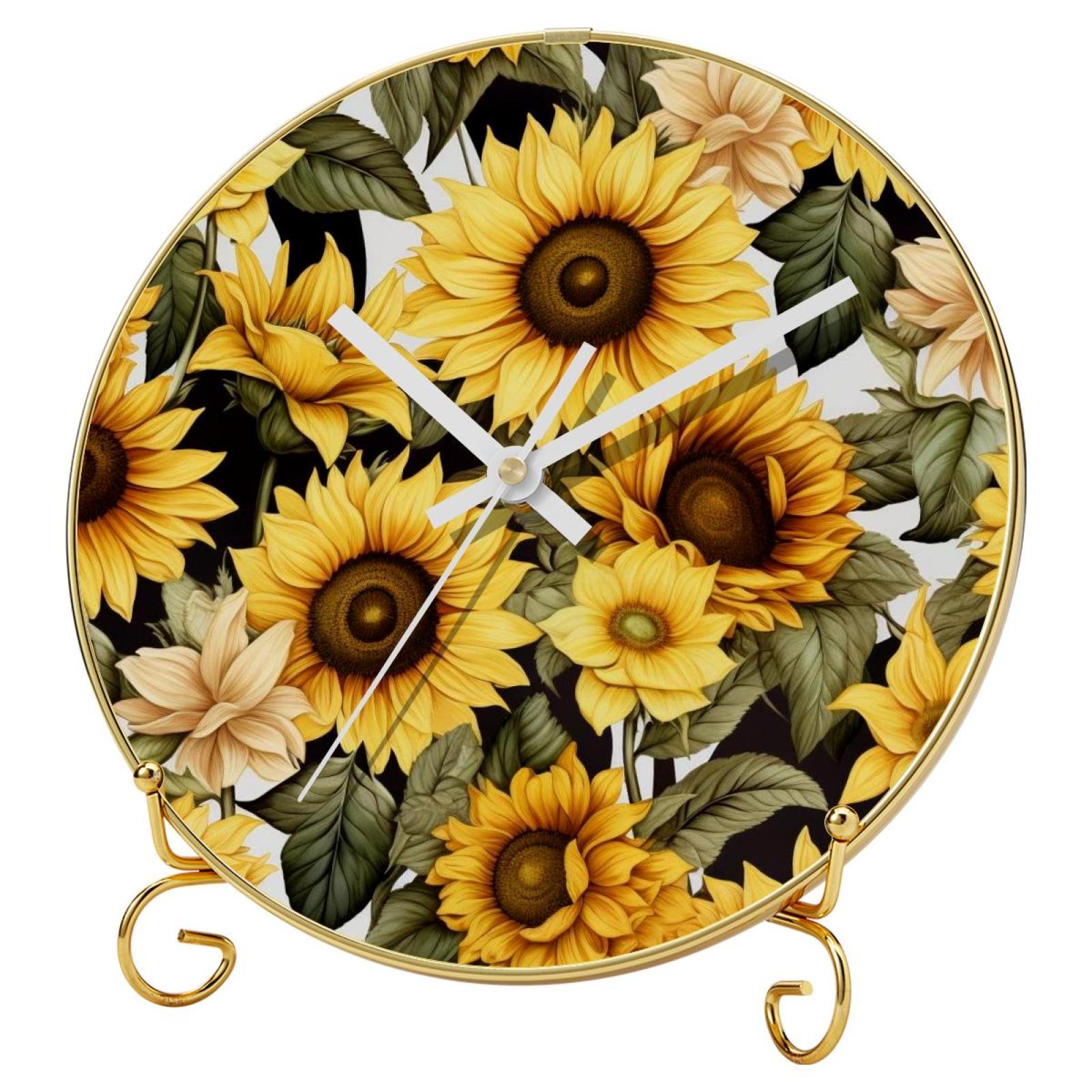 Sunflower Round Wall Clocks with Hooks and Gold Stand, Silent Non ...