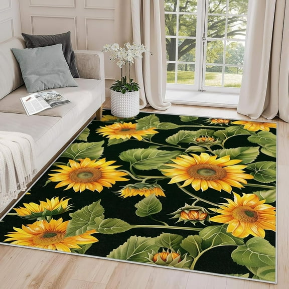 Sunflower Rug, Yellow Flower Rugs For Living Room Bedroom, Summer Floral Carpet, Washable & Non Slip & Soft Low Pile Large Indoor Area Rug, Sunflower Home Decor & Gifts 3x5ft
