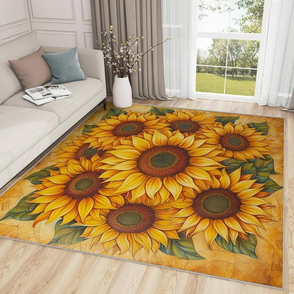 Sunflower Rug for Office, Vintage Yellow Flower Area Rug, Floral Botanical Rustic Rugs, Farmhouse Carpet, Sunflower Home Decor Gifts 2x3ft Small