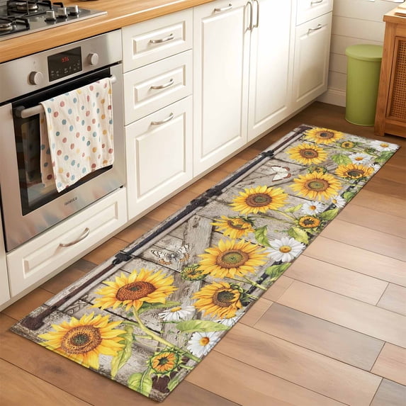 Sunflower Runner Rugs 2x6 ft Farmhouse Barn Door White Yellow Flower Leaf Butterfly Washable Hallway Rugs Non-Slip Floor Mats Absorbent Carpet Bedside Runners for Bedroom Kitchen Bathroom Laundry