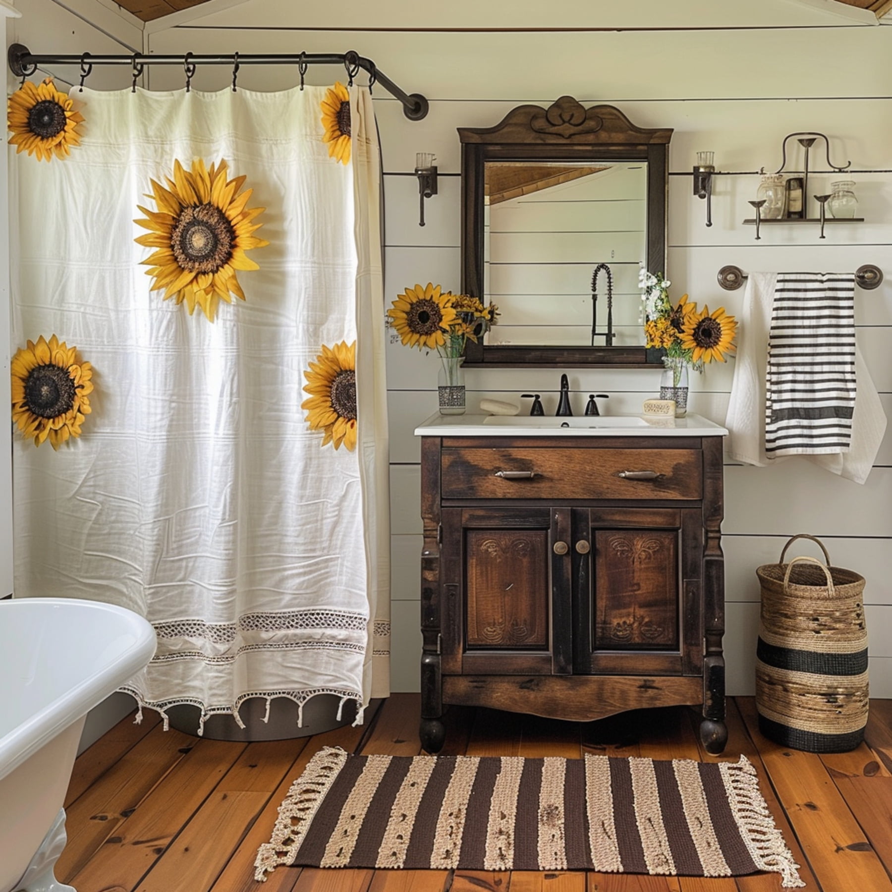Sunflower Rustic Bathroom Shower Curtain Set Vintage Cottagecore Decor ...