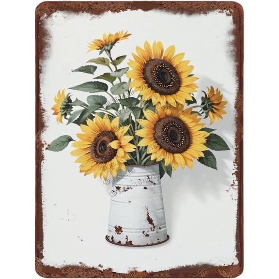Sunflower Rustic Farmhouse Metal Flower Wall Decor Outdoor Boho Art, 12x16 In Retro Aluminum Sign for Women, Decorative Tins for Home Office, Tin Garden Signs, Shabby Chic Kitchen Decor