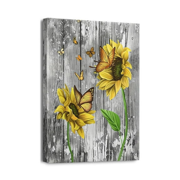 Sunflower Rustic Gray Wood Background with Butterfly (1) Wall Art Bathroom Pictures Wall Decor Canvas Painting Prints Artwork for Bathroom Office Bedroom 12"x16"