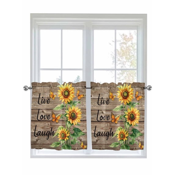 Sunflower Rustic Half Window Curtain 36 Inches Long, Vintage Wooden Flowers Butterfly Window Treatment Curtain Drapes, Small Tier Curtains for Bathroom Over Sink, 27.5"x36", 2 Panels
