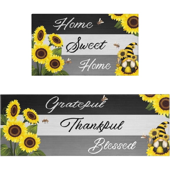 Sunflower Rustic Kitchen Rugs Sets of 2, Sunflower Gnome Kitchen Mat Washable Non-Slip Kitchen Mats for Floor 2 Piece, Sunflower Kitchen Decor