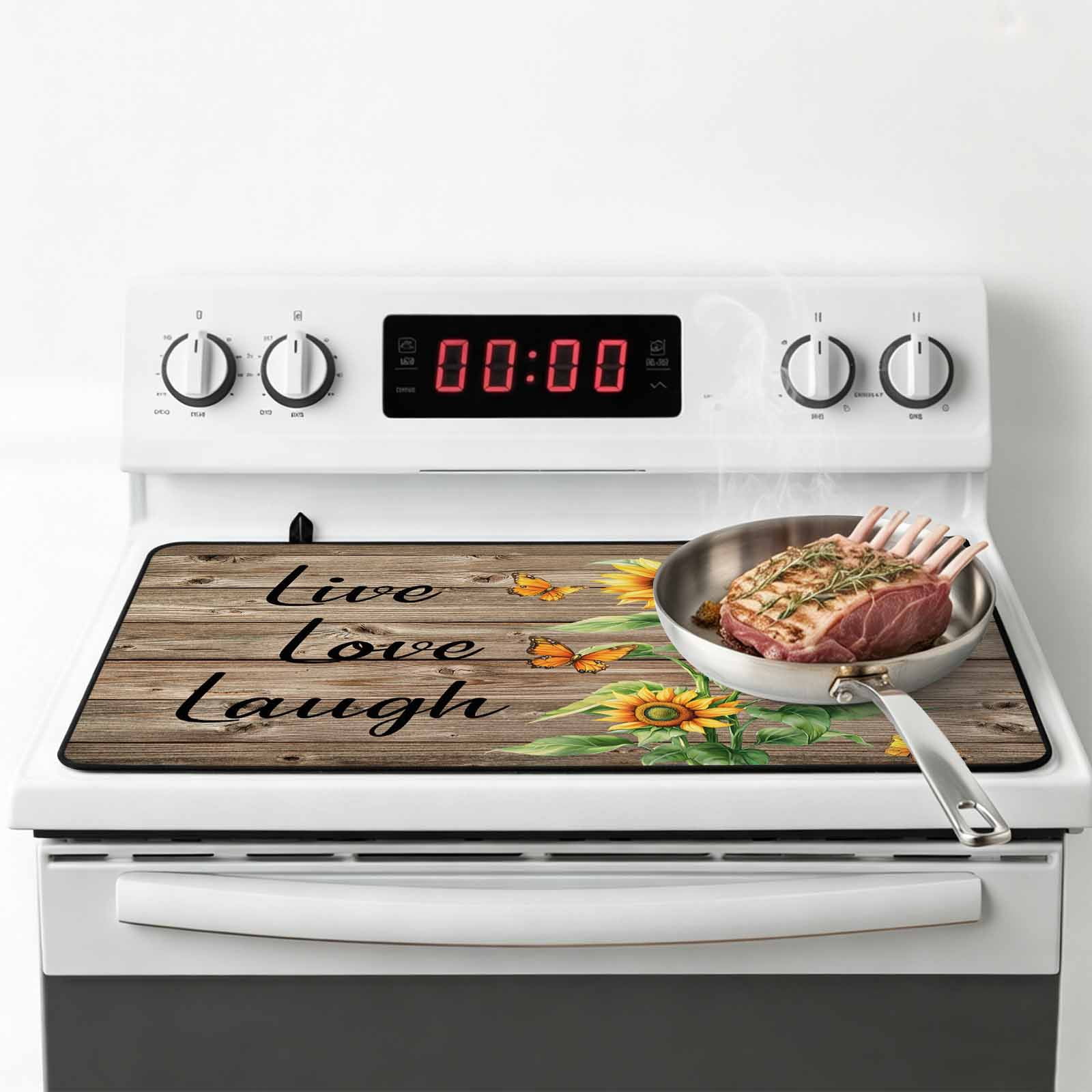 Sunflower Rustic Stove Top Cover for Electric Stove, Heat-proof & Non Slip Glass Top Stove Cover Protector, Vintage Wooden Flowers Butterfly Kitchen Flat Cooktop Rubber Mat 24x21 Inches