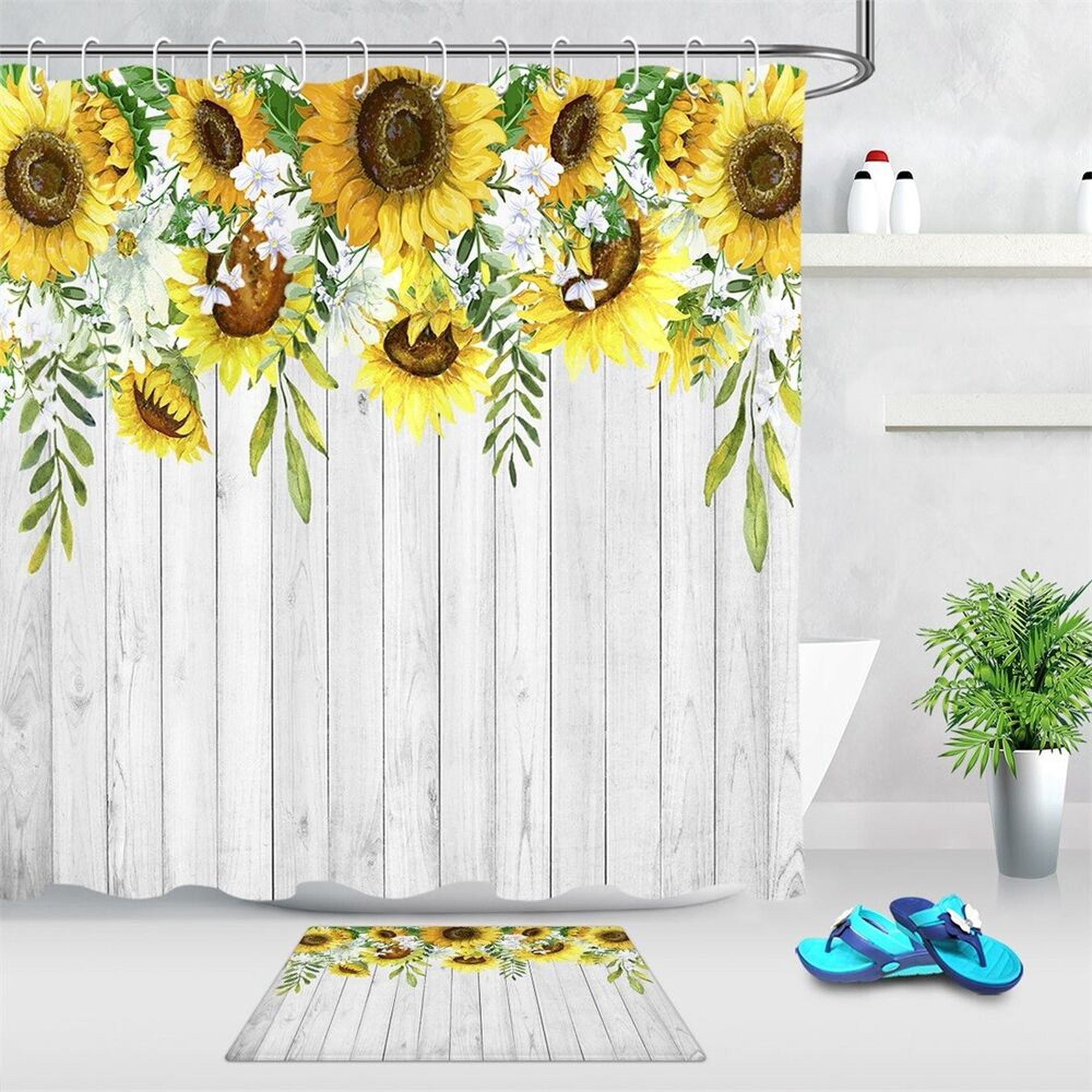 Sunflower Rustic Wood Plank Shower Curtain - Waterproof Floral Bathroom ...