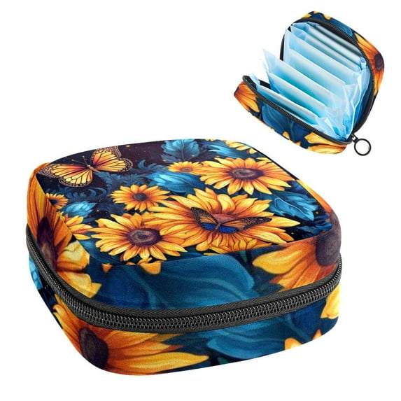 Sunflower Sanitary Napkin Bag Period Purse Small Storage Bag Pouch Case Travel Organizer Zipper Pouch 4.7x6.6x6.6 in Velvet Oxford Cloth Sponge Fabric Storage Bag for Sanitary Napkins