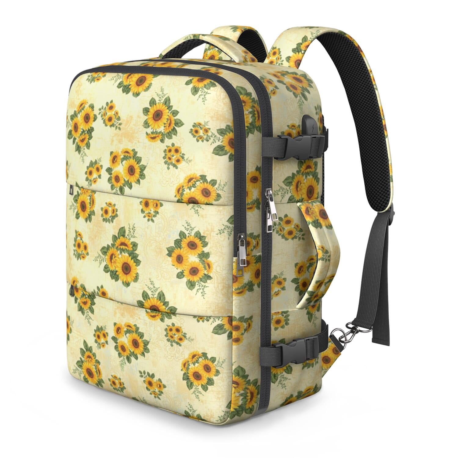 Sunflower and Scroll Cream Pattern Travel Laptop Backpack, Airline ...