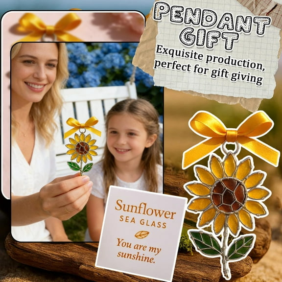 Sunflower Sea Glass Suncatcher With Yellow Ribbon - 1 Hanging Ornament + 1 "You Are My Sunshine" Card - For Home Window Decor, Gift For Sunflower Lovers, Birthday, Housewarming