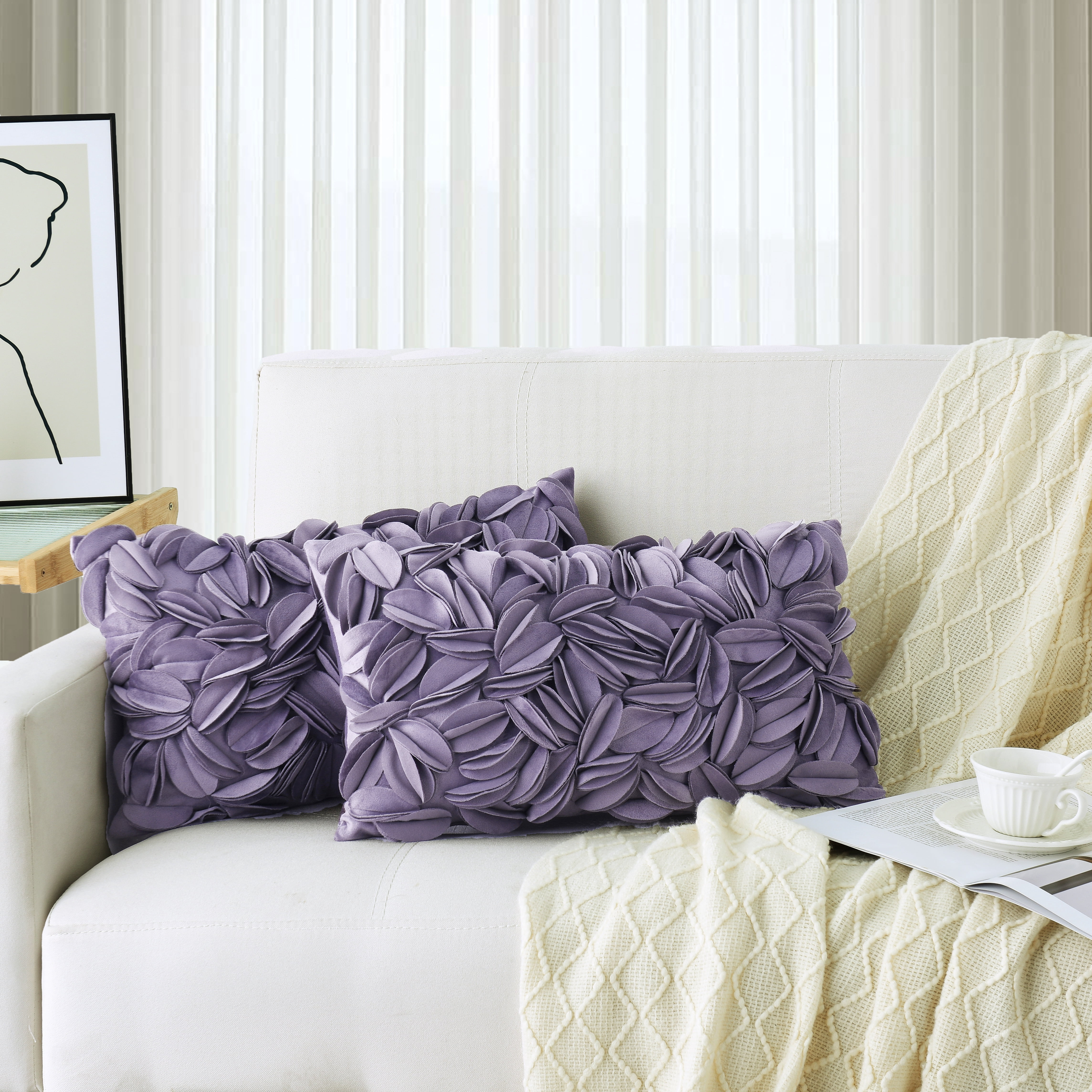 2pc Lavender Purple 12x18" 3D Sunflower Velvet Decor Throw Pillows