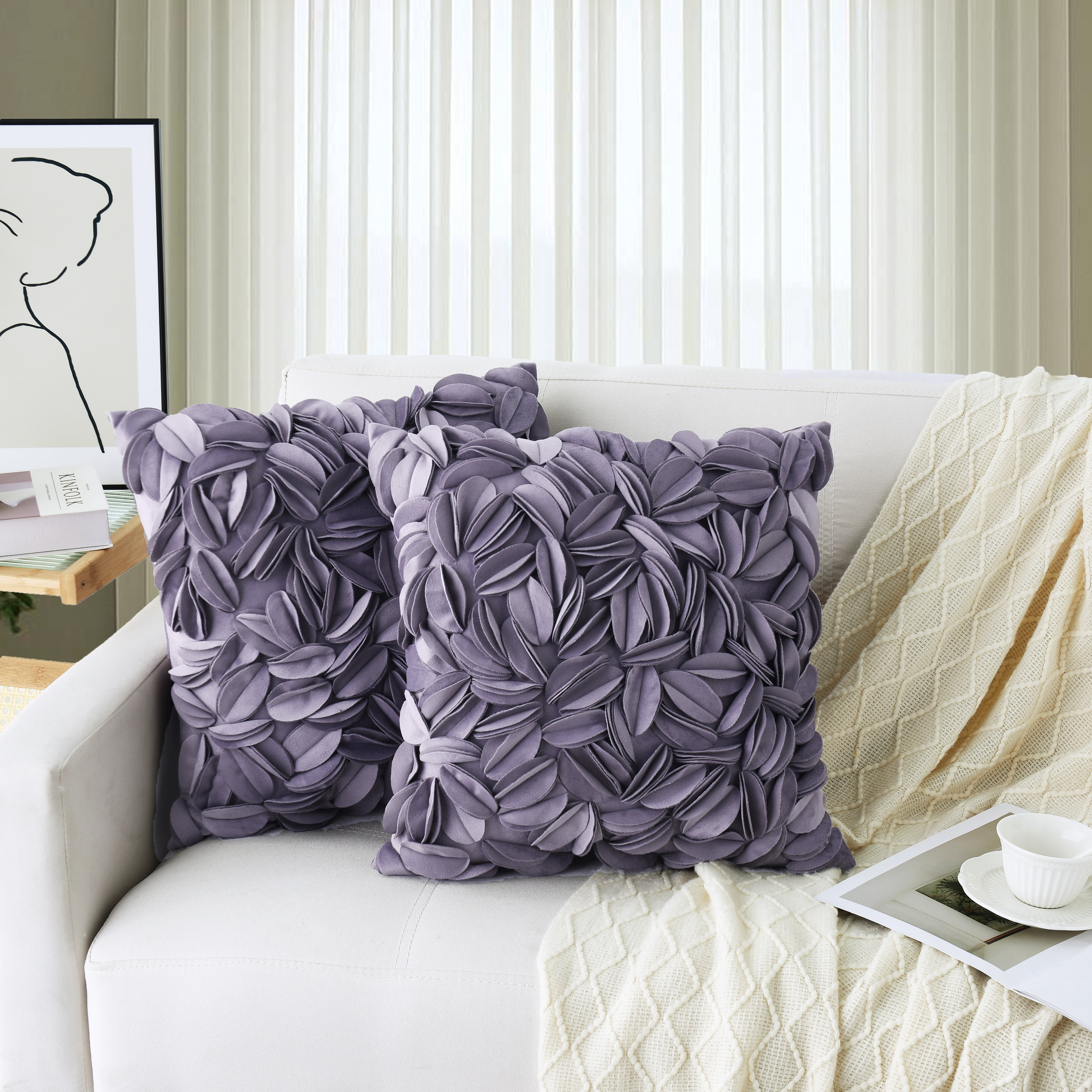 2pc Lavender Purple 18x18" 3D Sunflower Velvet Decor Throw Pillows