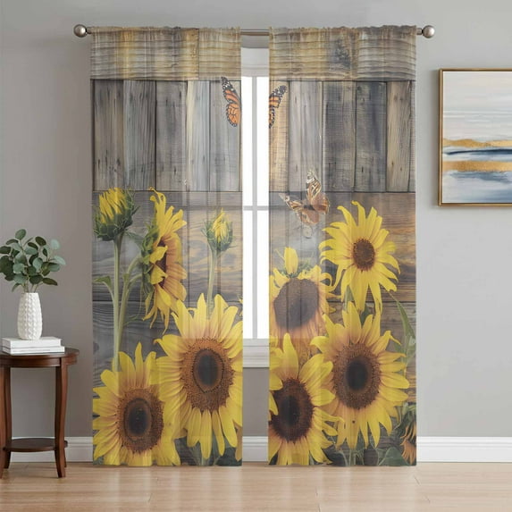 Sunflower Semi Sheer Curtains 63 Inch Length 2 Panels Set,Spring Yellow Floral Rustic Butterfly Wood Grain Sheer Kitchen Curtain Privacy Voile Window Curtain for Living Room Bedroom Rod Pocket Drapes