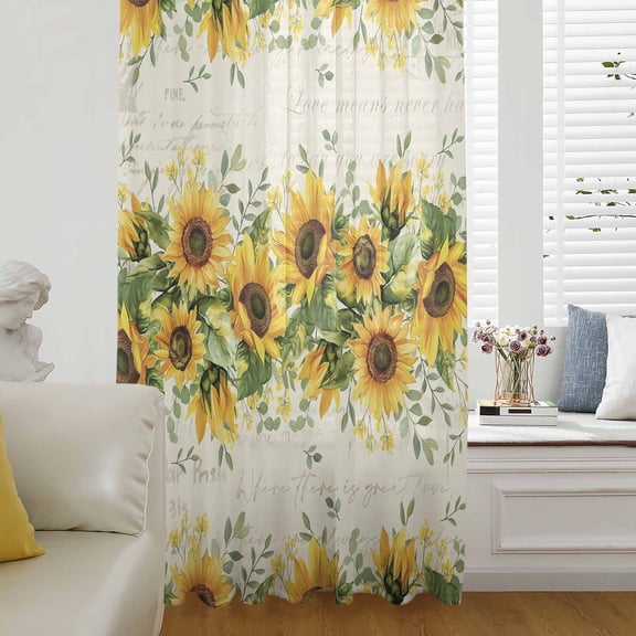 Sunflower Semi Sheer Curtains Drapes for Living Room, Bedroom, French Doors Window 45 Inches Long, Country Botanical Yellow Green Floral Leaf Rod Pocket Chiffon Curtain Drapery Voile Draperies Panel