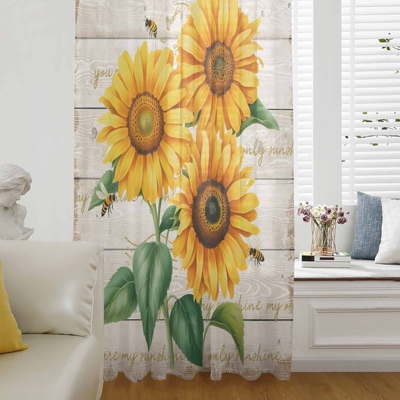 Sunflower Semi Sheer Curtains Drapes for Living Room, Bedroom, French Doors Window 54 Inches Long, Yellow Summer Flowers Pastoral Vintage Rod Pocket Chiffon Curtain Drapery Voile Draperies Panel