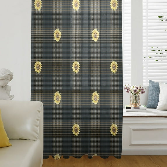 Sunflower, Semi Sheer Curtains Drapes for Living Room, Bedroom, French Doors Window 72 Inches Long, Gradual Geometric Abstract Modern Black Rod Pocket Chiffon Curtain Drapery Voile Draperies Panel